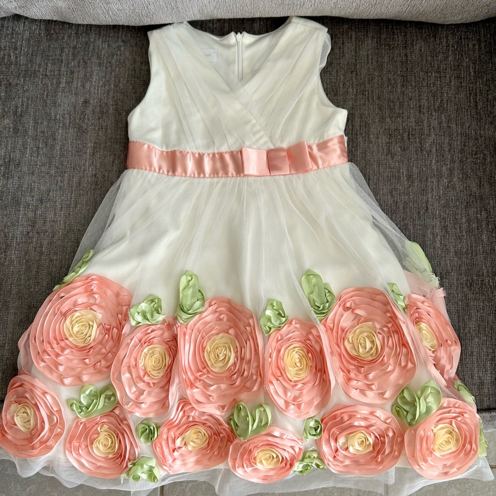 Bonnie Jean Cream & Peach Party Dress, Chiffon, Ribbon Flowers